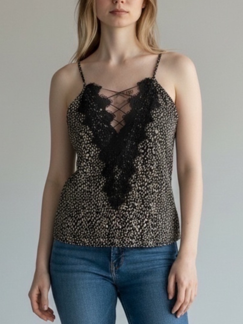 SHEIN Black Cream Dalmatian Spotted Lace V-Neck Cami Top Small